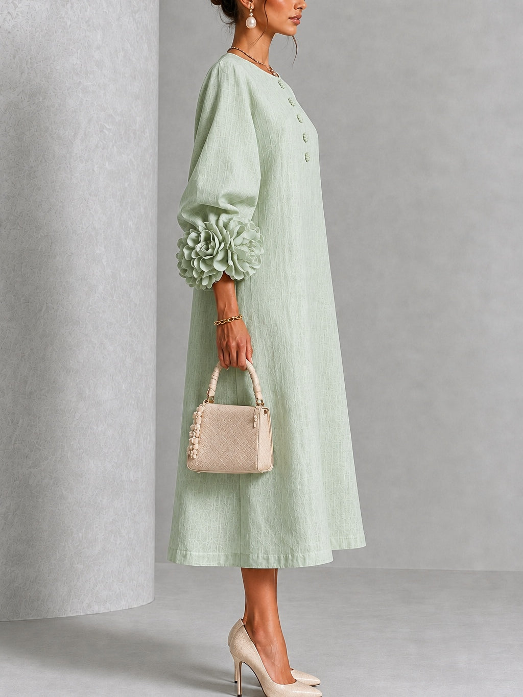 Sage Mist Floral Button-Down Midi Dress with Striking Floral Cuffs