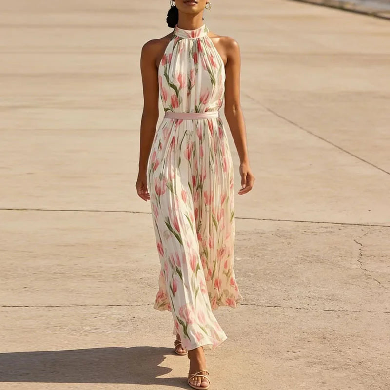Sandra - Spring Floral Pleated Halter Maxi Dress