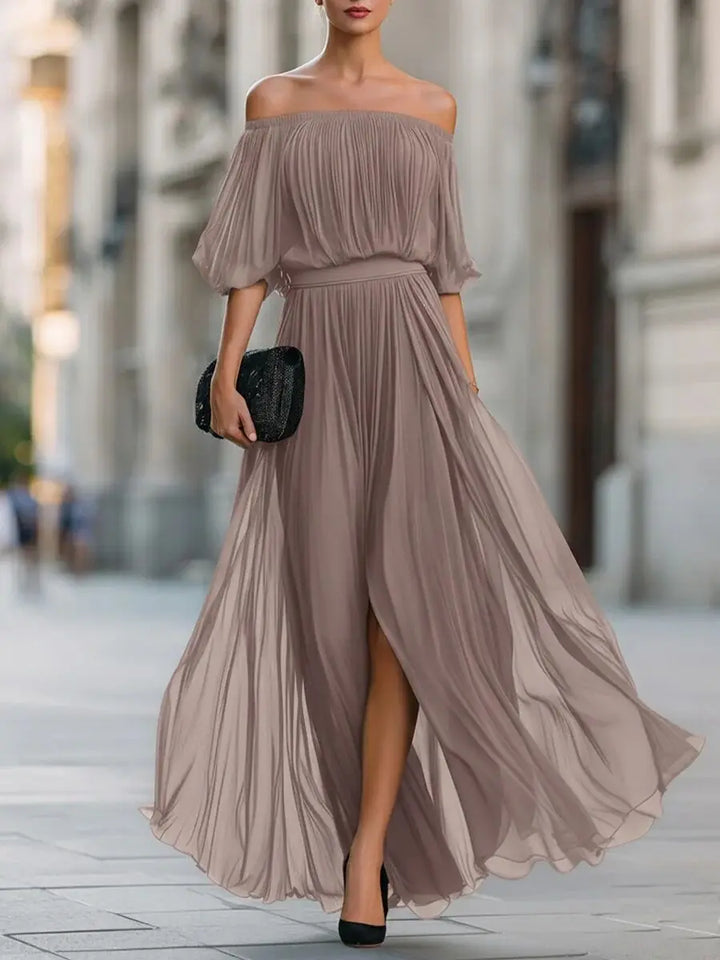 Genevieve | Off-shoulder chiffon dress with ruched skirt and side slit