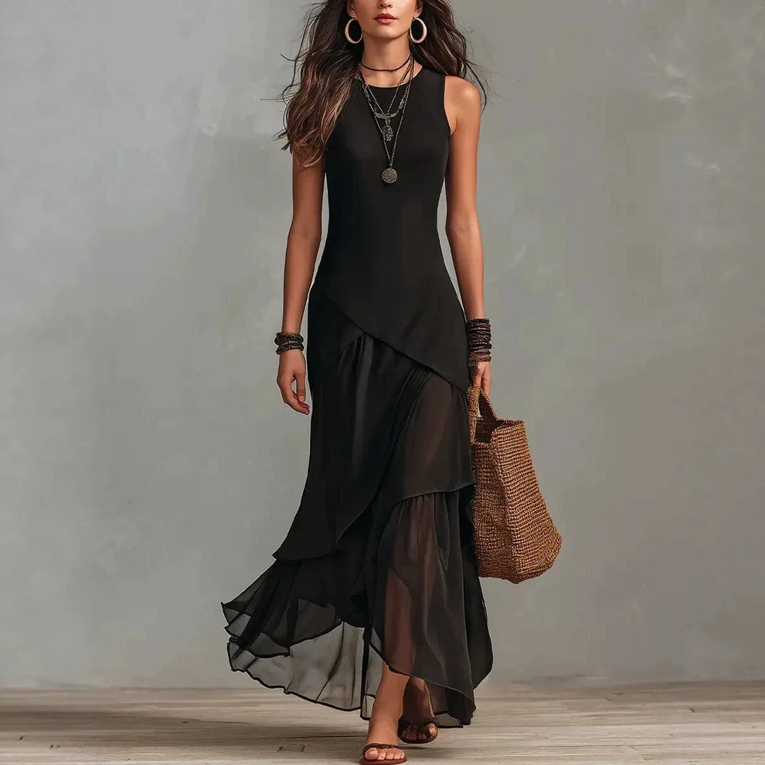 Odette | Black chiffon dress with ruffle trim and layered hem
