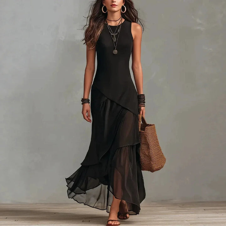 Odette | Black chiffon dress with ruffle trim and layered hem