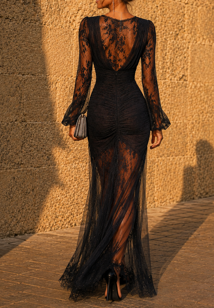 Valetina | Long black dress with deep V-neck and dramatic slit