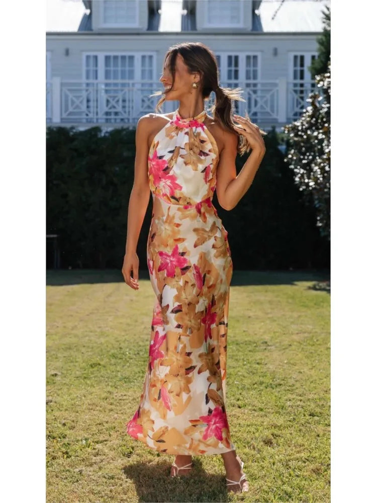 Chantal - Floral Halter Backless Lace-Up Dress