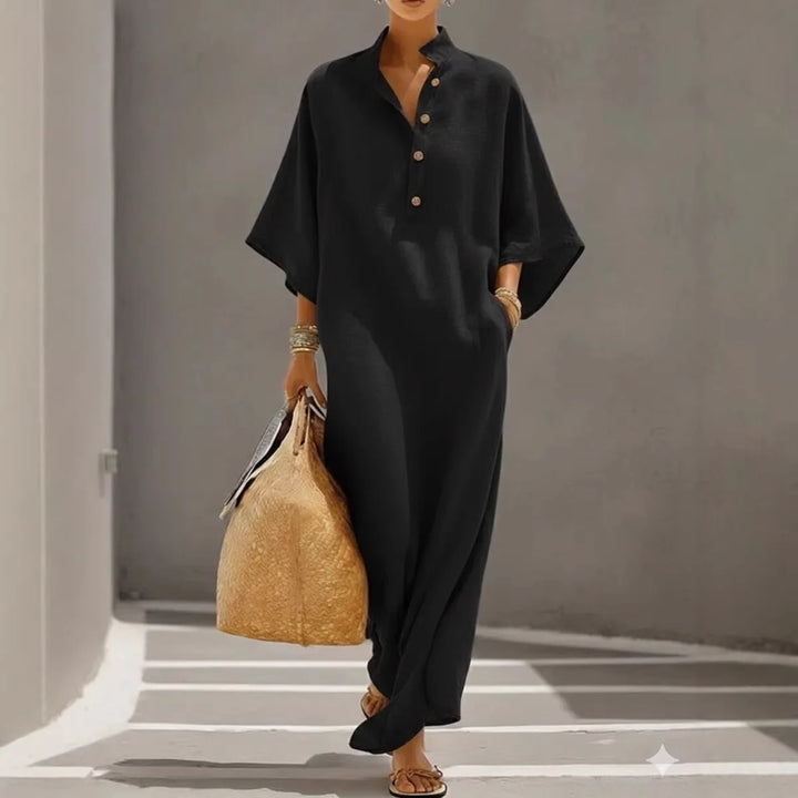 Luciana | Maxi Black Dress with Kimono Sleeves and Buttoned V-Neck