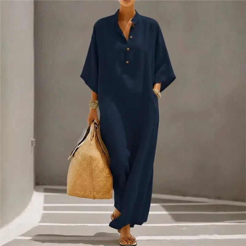 Luciana | Maxi Black Dress with Kimono Sleeves and Buttoned V-Neck