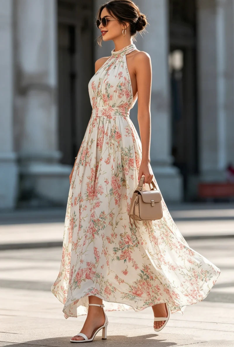 Camille - Pleated Floral Chiffon Halter Maxi Dress