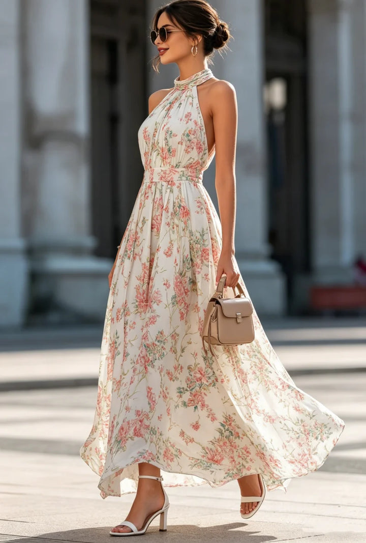 Camille - Pleated Floral Chiffon Halter Maxi Dress