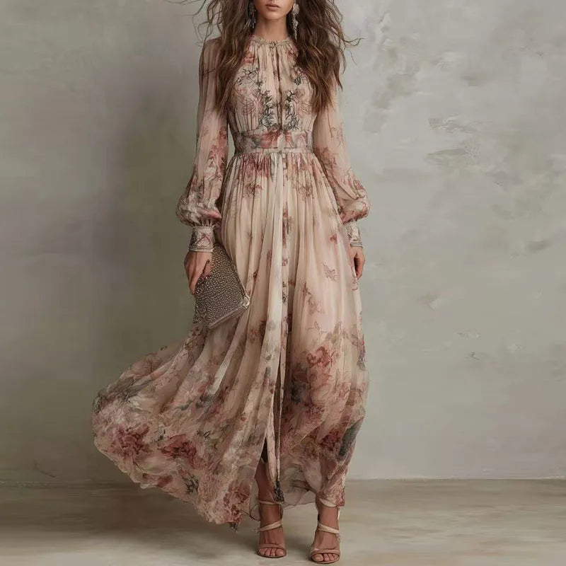 Patty - Vintage Floral Print High Waist Pleated Long Dress