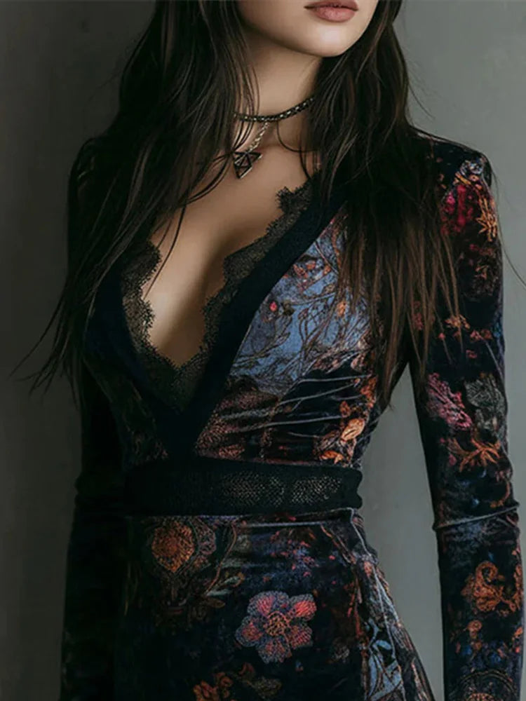Mae - Vintage Floral Print Velvet Mini Dress