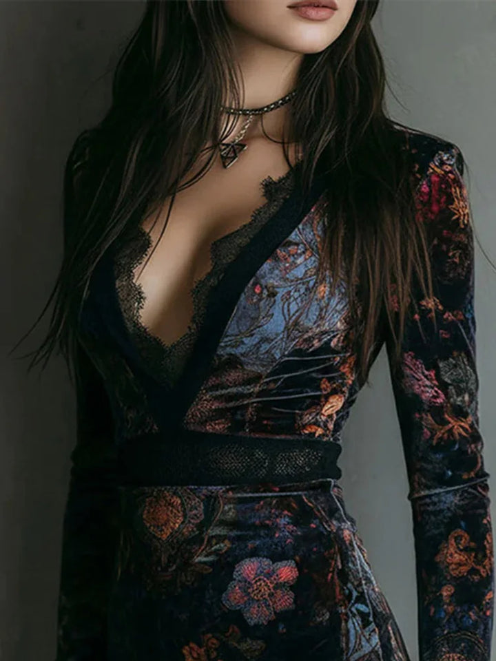 Mae - Vintage Floral Print Velvet Mini Dress