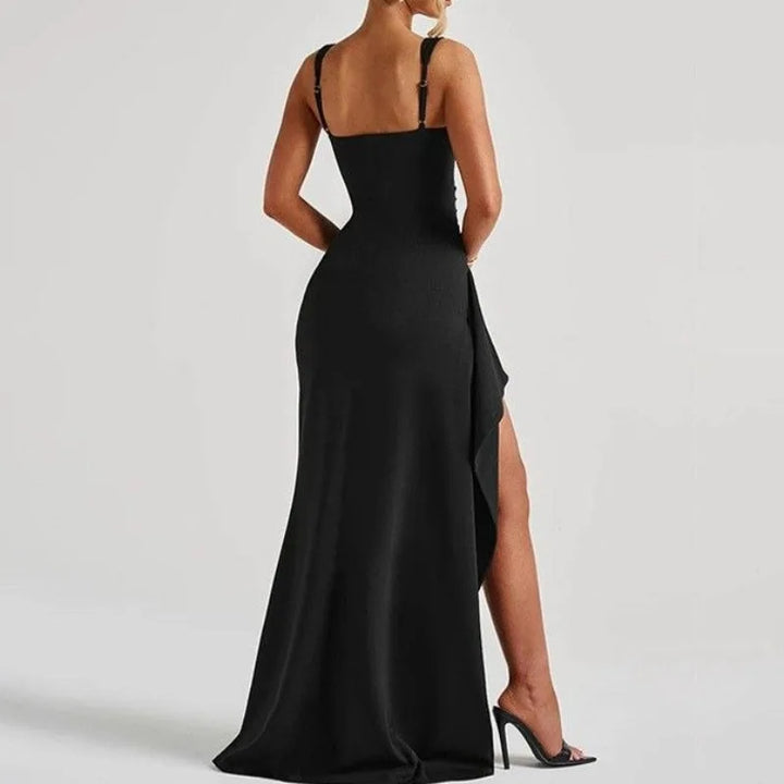 Anastasia | Black bodycon maxi dress with front slit and ruffle trim