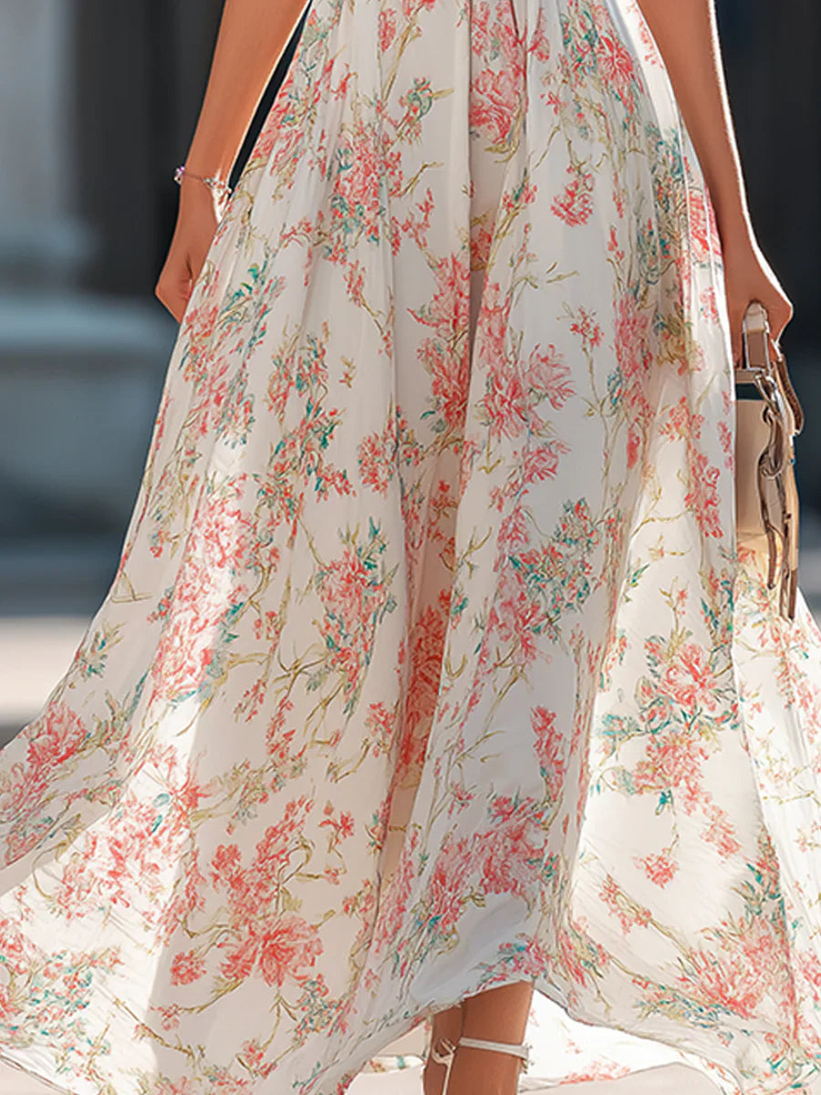 Camille - Pleated Floral Chiffon Halter Maxi Dress