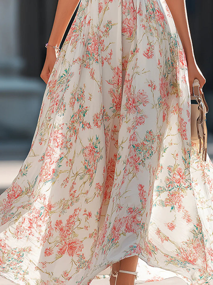 Camille - Pleated Floral Chiffon Halter Maxi Dress