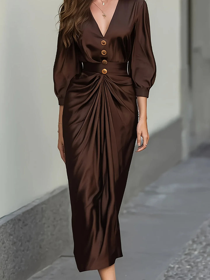Juliette | Coffee-toned maxi dress with lantern sleeves and pleats