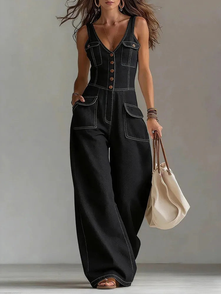 Lola- V Neck Button Denim Jumpsuit