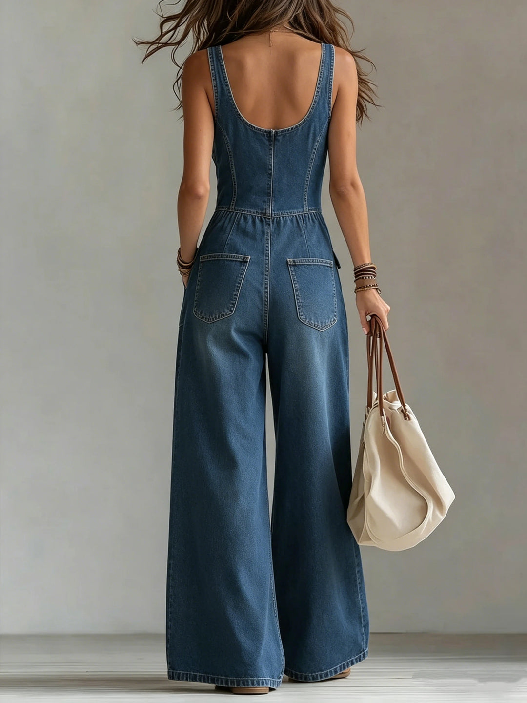Lola- V Neck Button Denim Jumpsuit