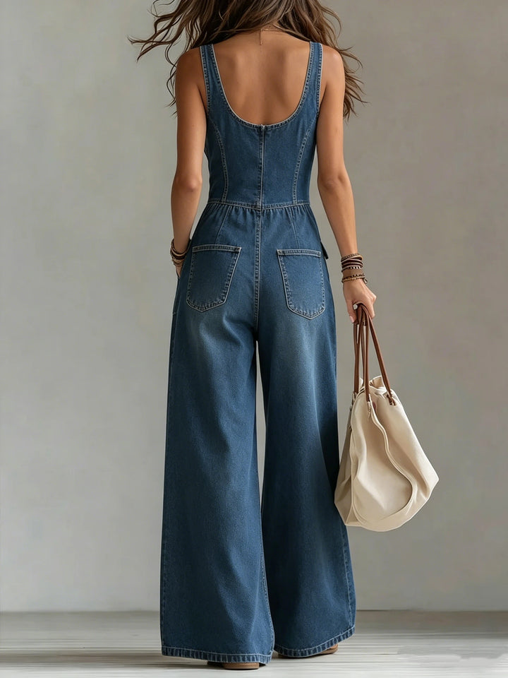 Lola- V Neck Button Denim Jumpsuit