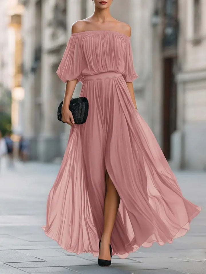 Genevieve | Off-shoulder chiffon dress with ruched skirt and side slit