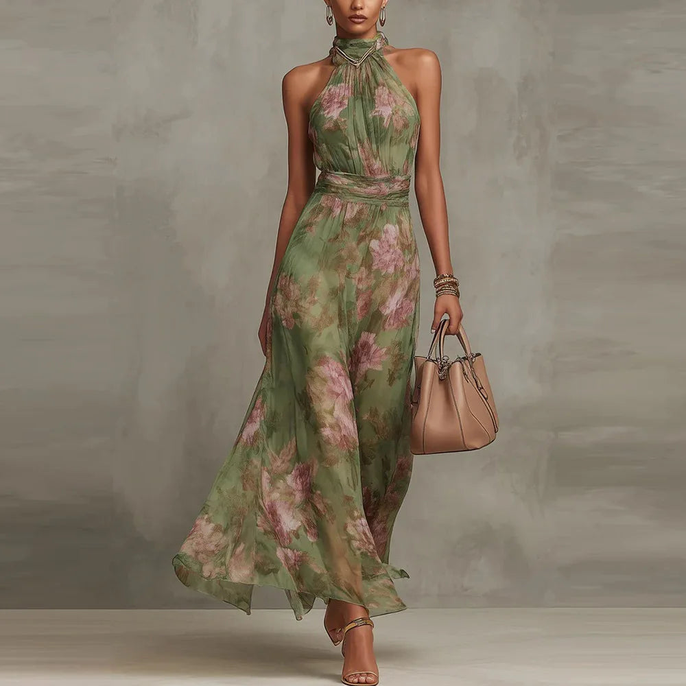 Lila -  Elegant Floral Maxi Halter Dress