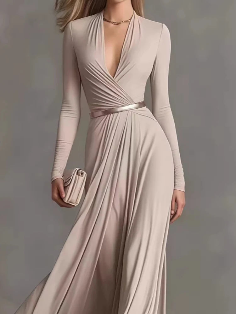 Marguerite | Apricot maxi dress with deep V-neck and long sleeves