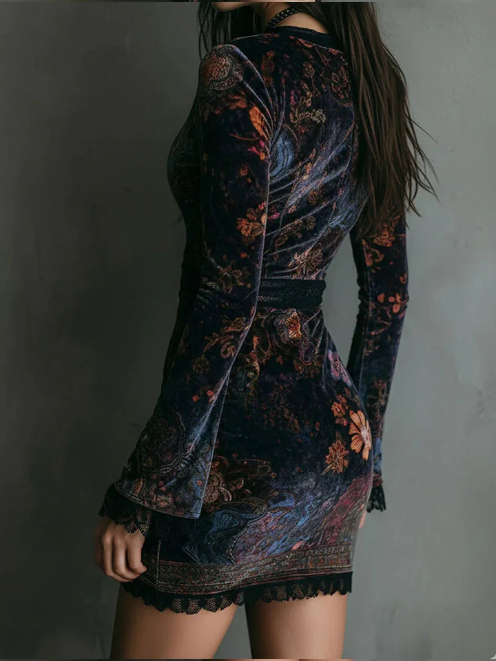 Mae - Vintage Floral Print Velvet Mini Dress
