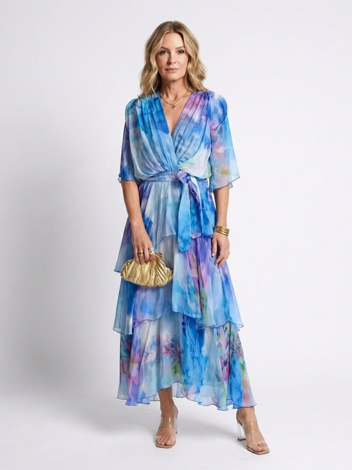 Calista | Sheer Layered V Neck Tie Waist Maxi Dress