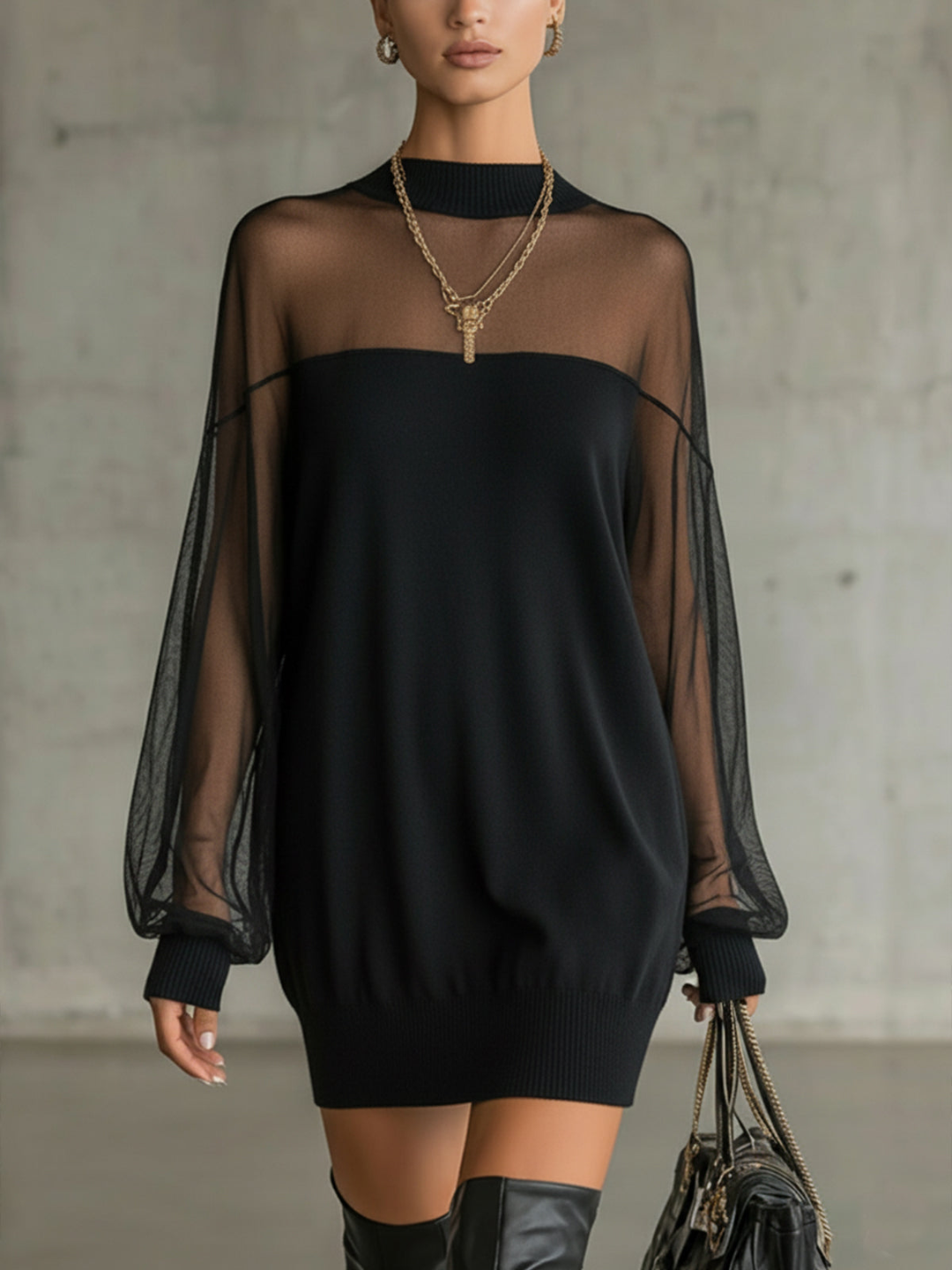 Karen | Short black dress with transparent mesh sleeves and high collar