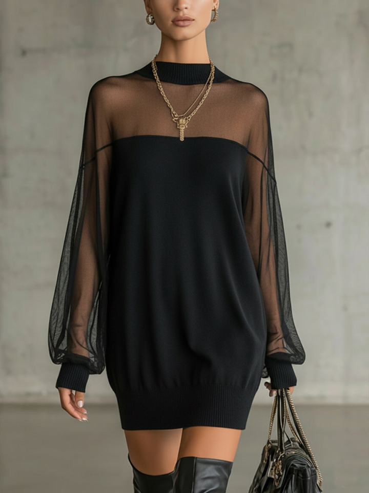 Karen | Short black dress with transparent mesh sleeves and high collar