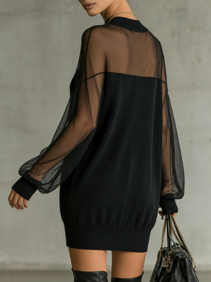 Karen | Short black dress with transparent mesh sleeves and high collar