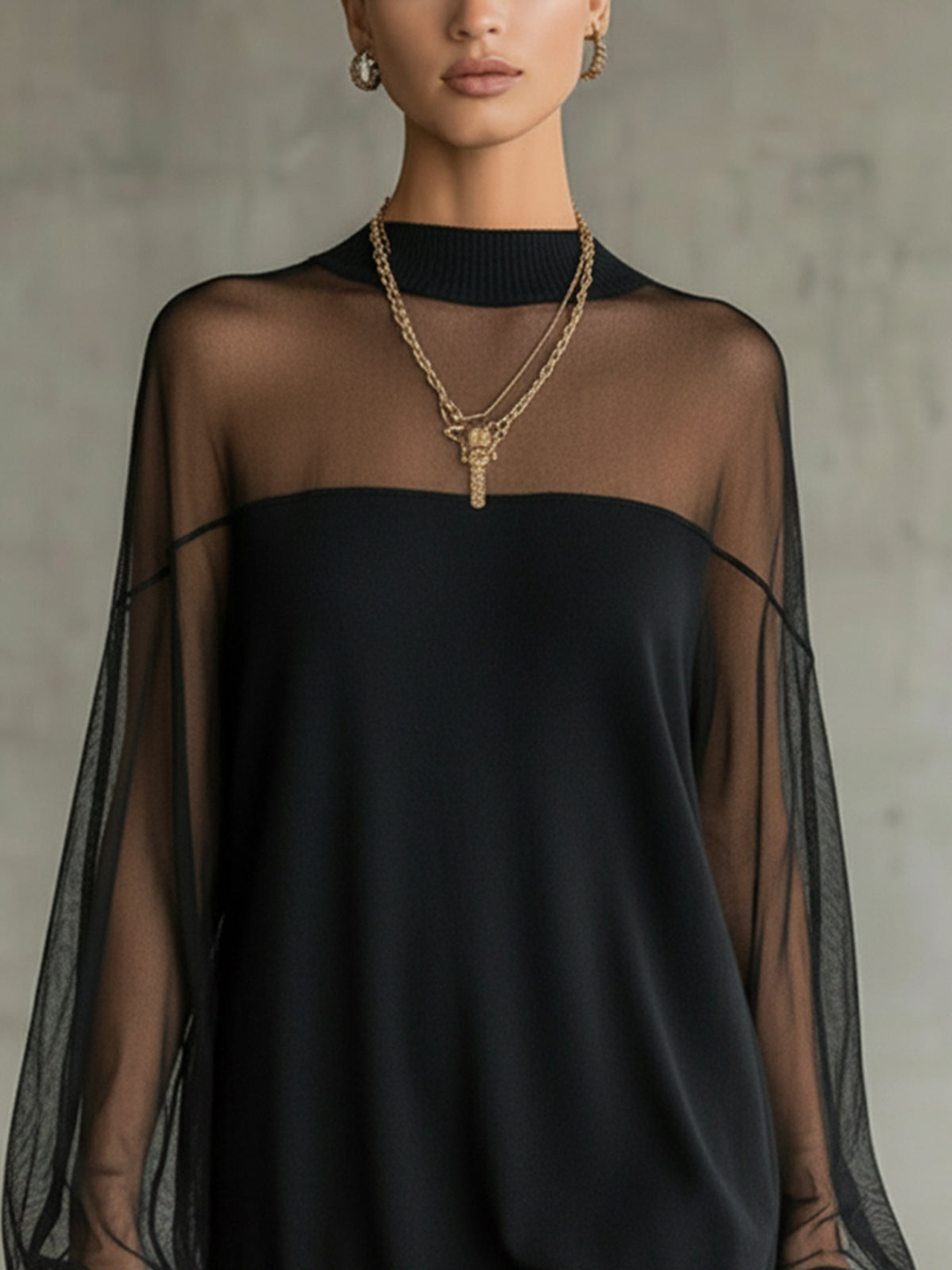 Karen | Short black dress with transparent mesh sleeves and high collar