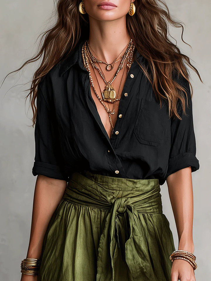 Vera | Two-Piece Set: Black Blouse and Olive Green Midi Skirt