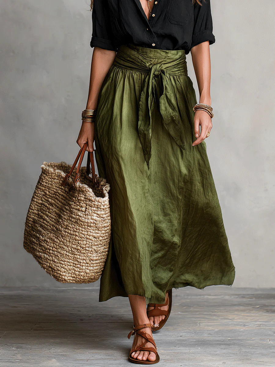 Vera | Two-Piece Set: Black Blouse and Olive Green Midi Skirt