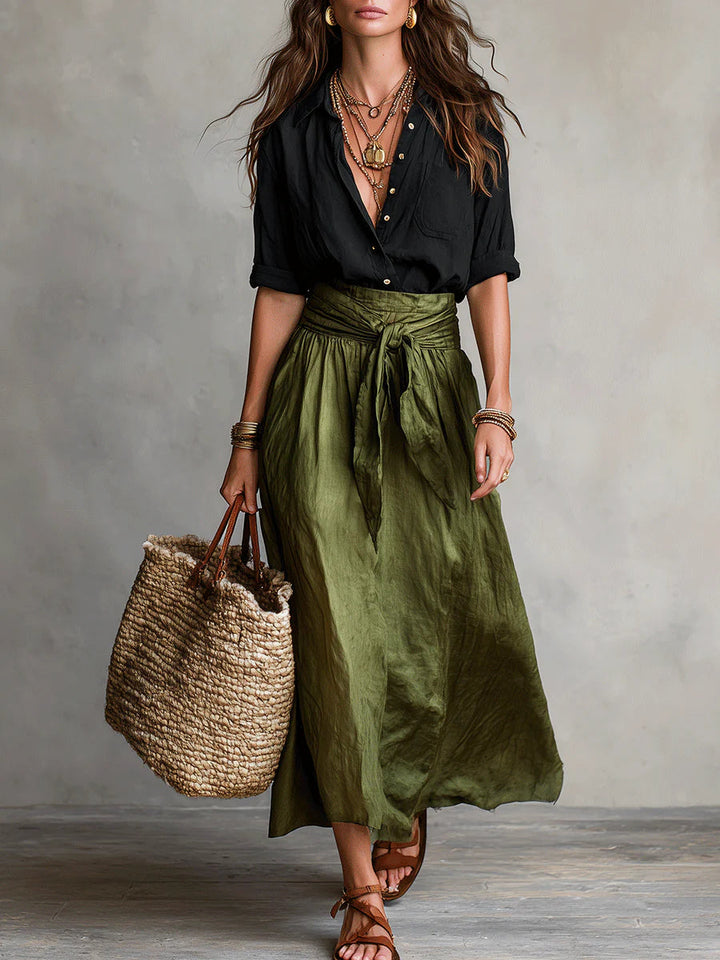 Vera | Two-Piece Set: Black Blouse and Olive Green Midi Skirt