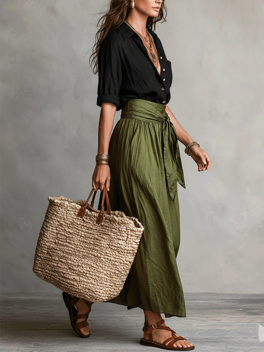 Vera | Two-Piece Set: Black Blouse and Olive Green Midi Skirt