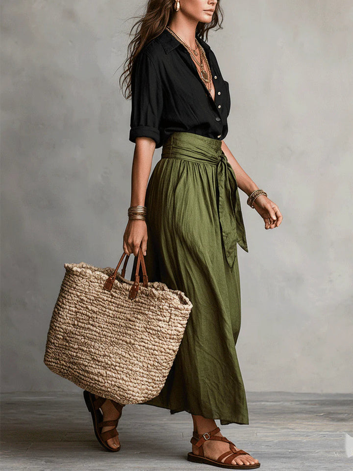 Vera | Two-Piece Set: Black Blouse and Olive Green Midi Skirt