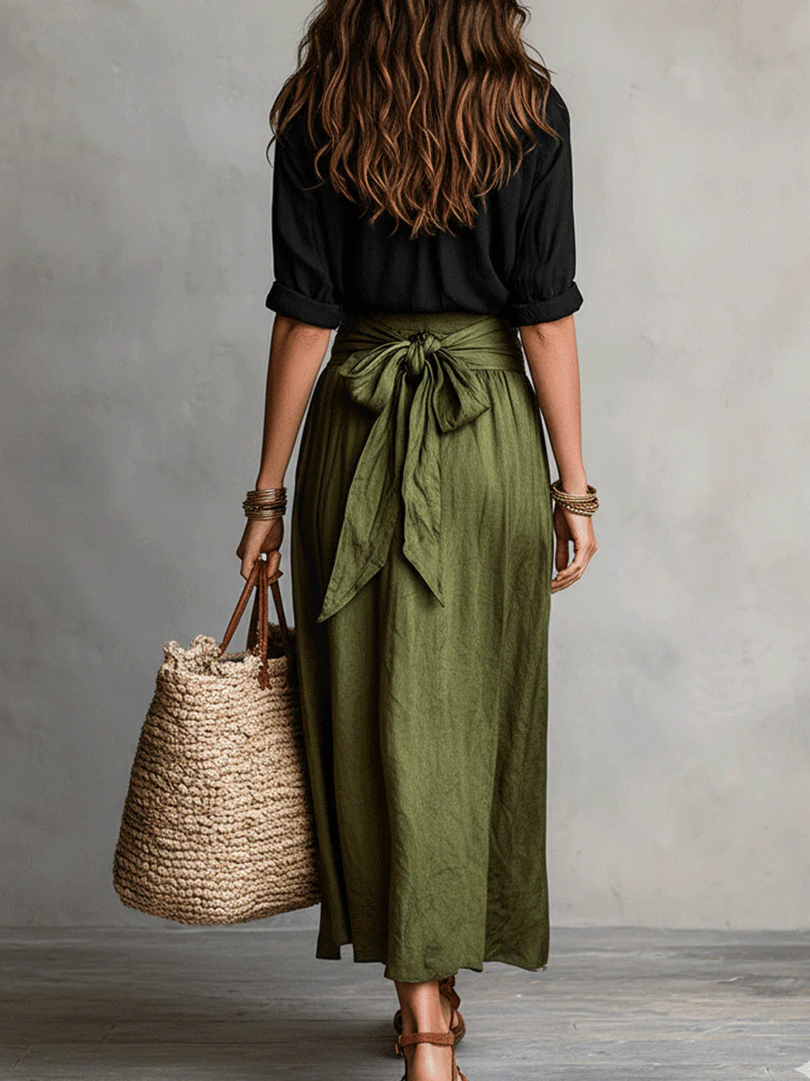 Vera | Two-Piece Set: Black Blouse and Olive Green Midi Skirt