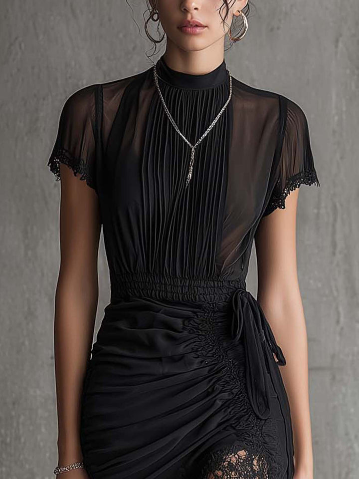 Barbara | Short black chiffon dress with pleats at the waist and lace trim