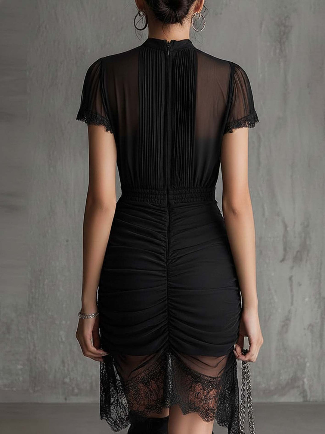 Barbara | Short black chiffon dress with pleats at the waist and lace trim
