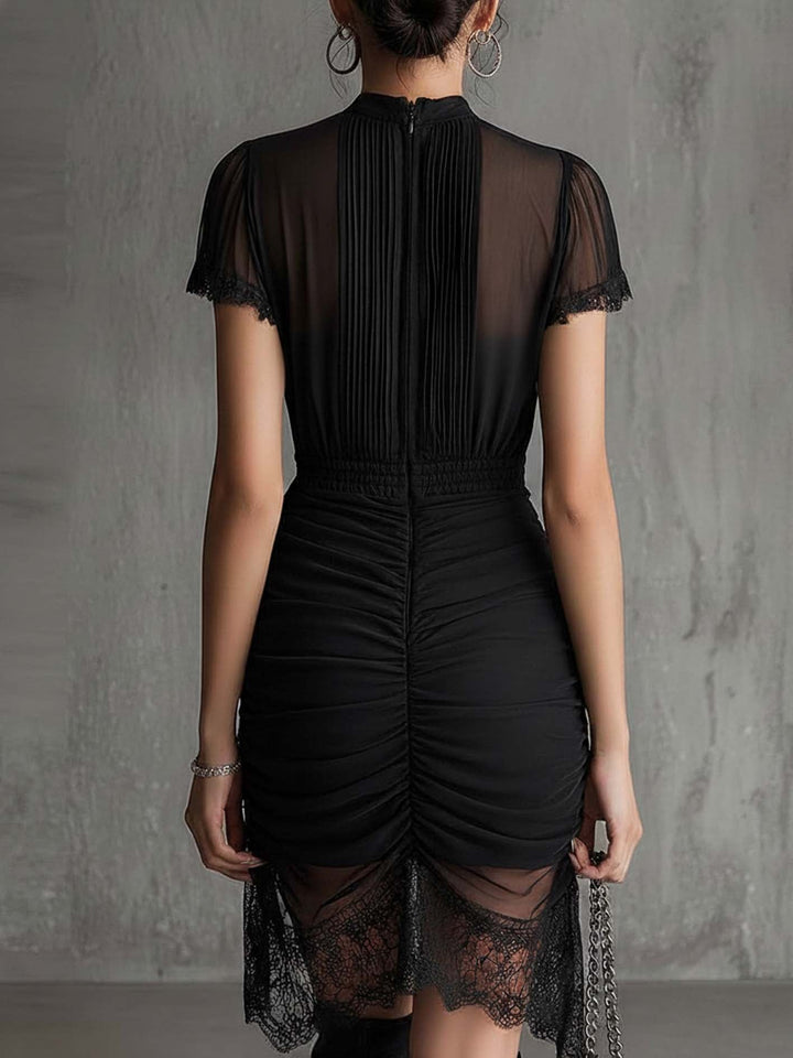 Barbara | Short black chiffon dress with pleats at the waist and lace trim