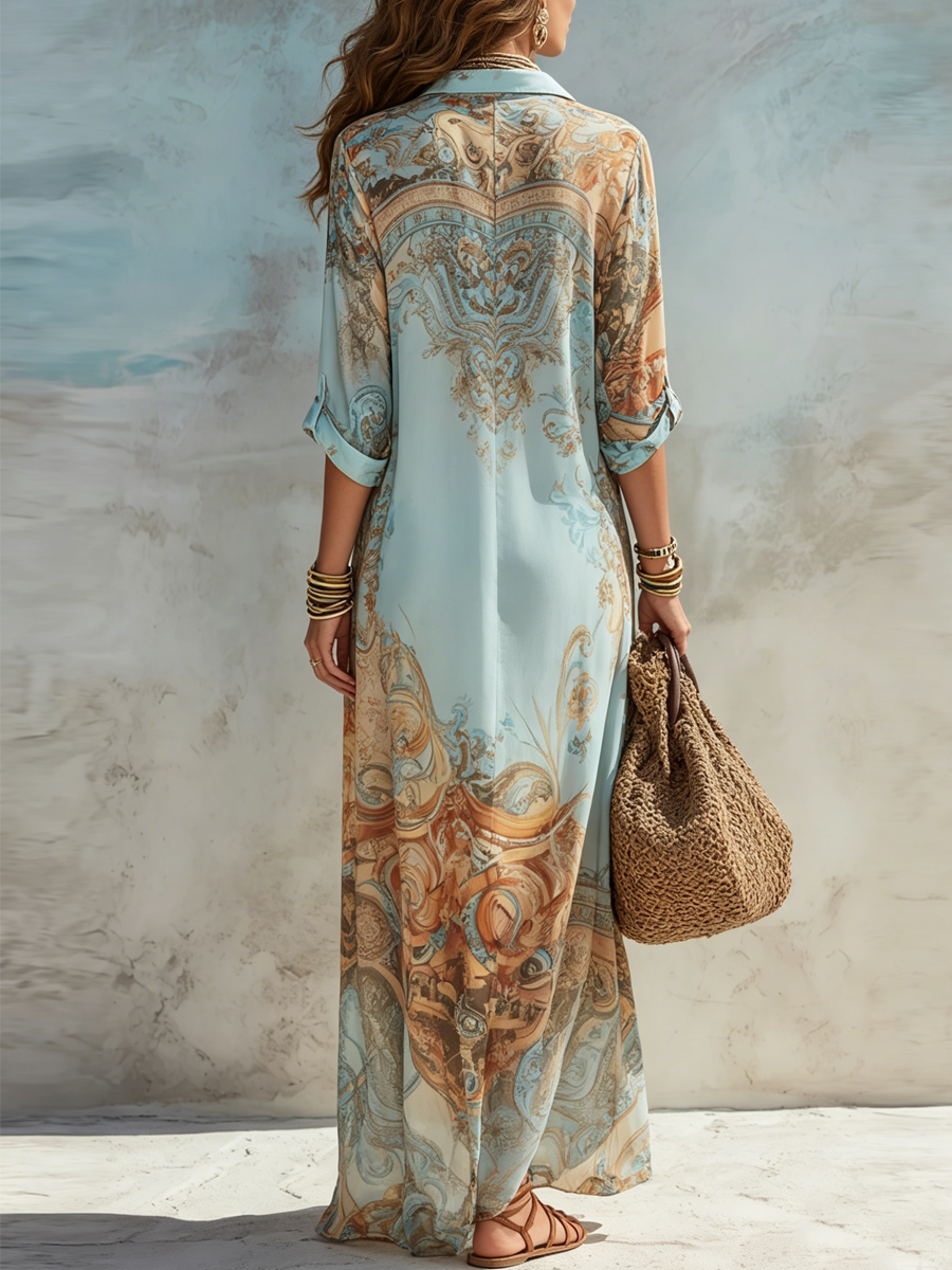 Ravelyne – Long Flowing Shirt Dress for Women with Artistic Print