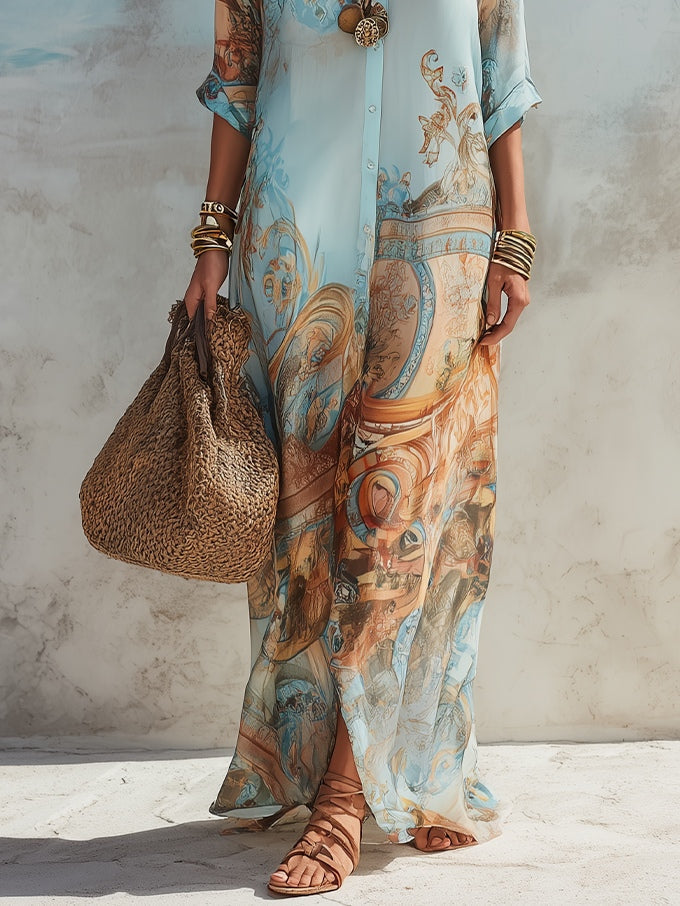 Ravelyne – Long Flowing Shirt Dress for Women with Artistic Print