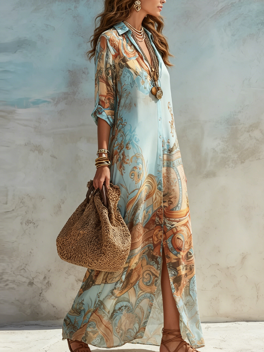 Ravelyne – Long Flowing Shirt Dress for Women with Artistic Print