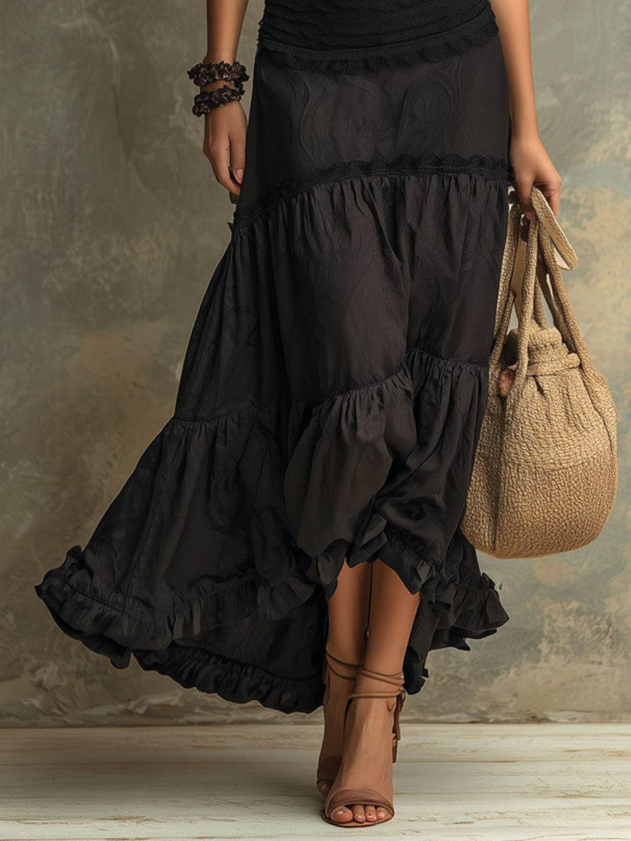 Emily - Black Bohemian High-necked Ruffled Lace Maxi Dress