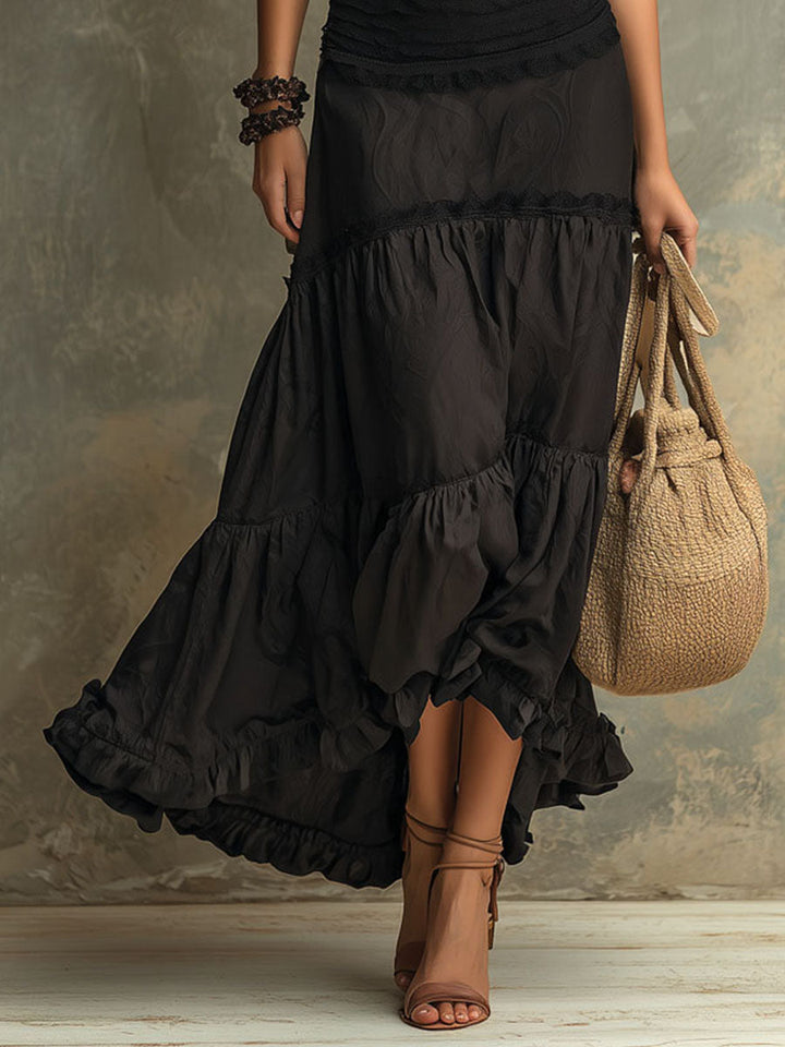 Emily - Black Bohemian High-necked Ruffled Lace Maxi Dress