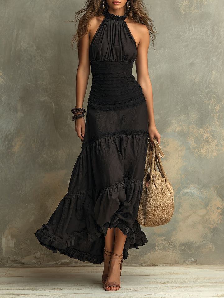 Emily - Black Bohemian High-necked Ruffled Lace Maxi Dress