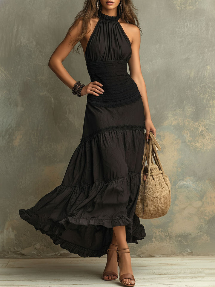 Emily - Black Bohemian High-necked Ruffled Lace Maxi Dress