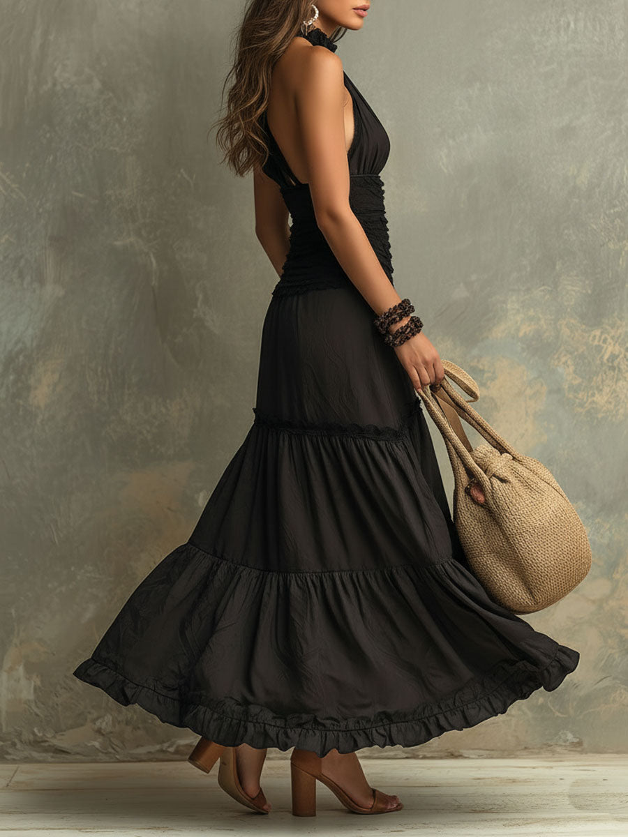 Emily - Black Bohemian High-necked Ruffled Lace Maxi Dress
