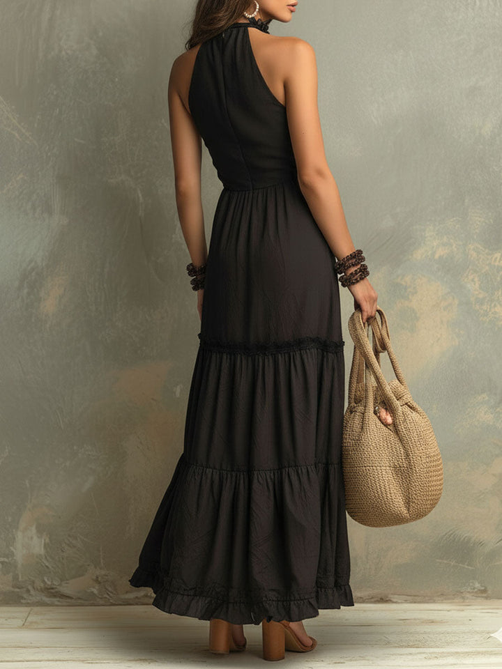 Emily - Black Bohemian High-necked Ruffled Lace Maxi Dress