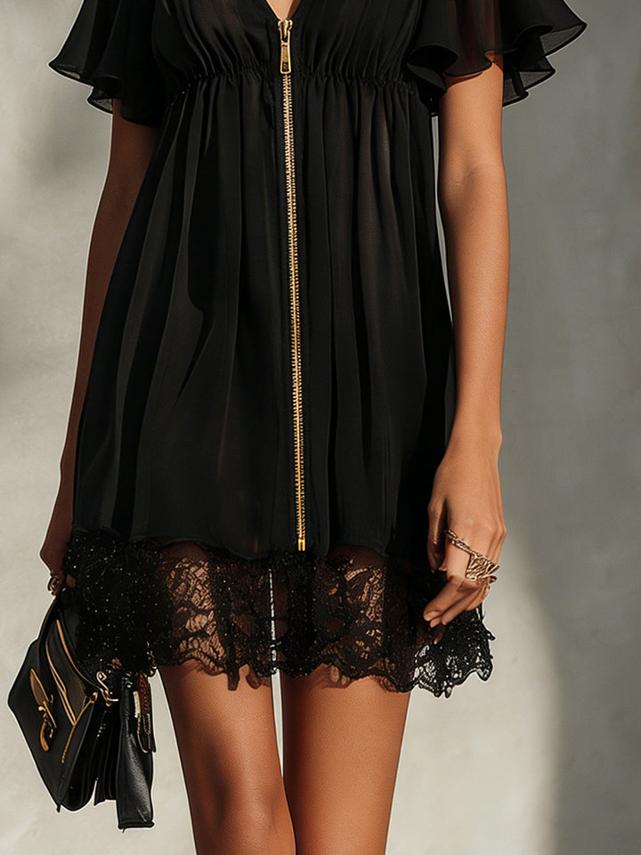 Arabella | Black mini dress with front zip, lace, and ruffled sleeves