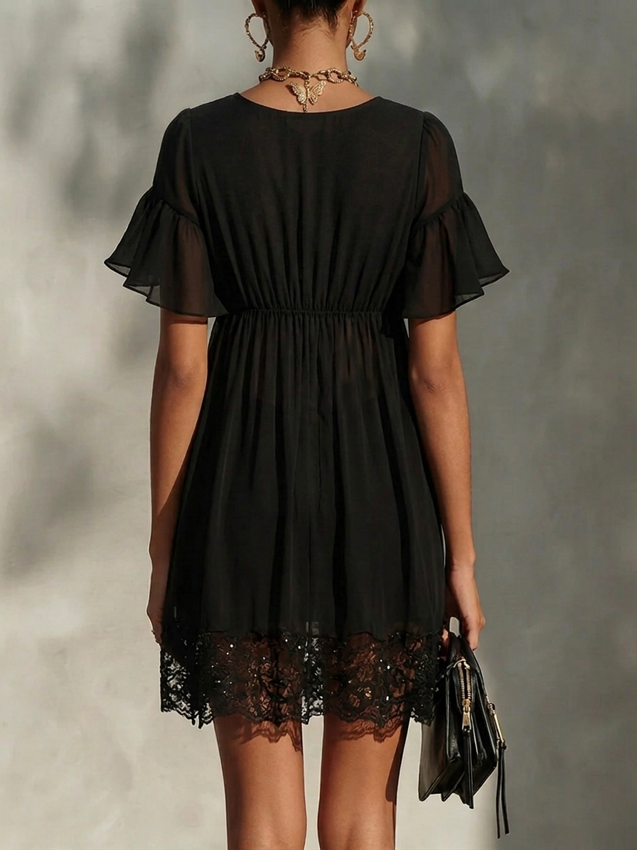 Arabella | Black mini dress with front zip, lace, and ruffled sleeves